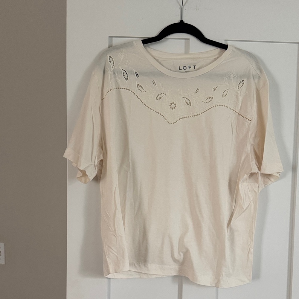 LOFT Ivory Embroidered Short Sleeve Tee